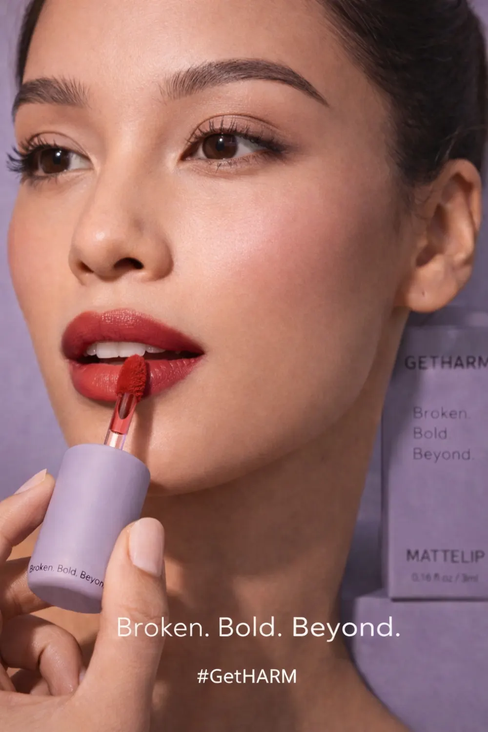 A model applying GETHARM MatteLip with the doe-foot applicator