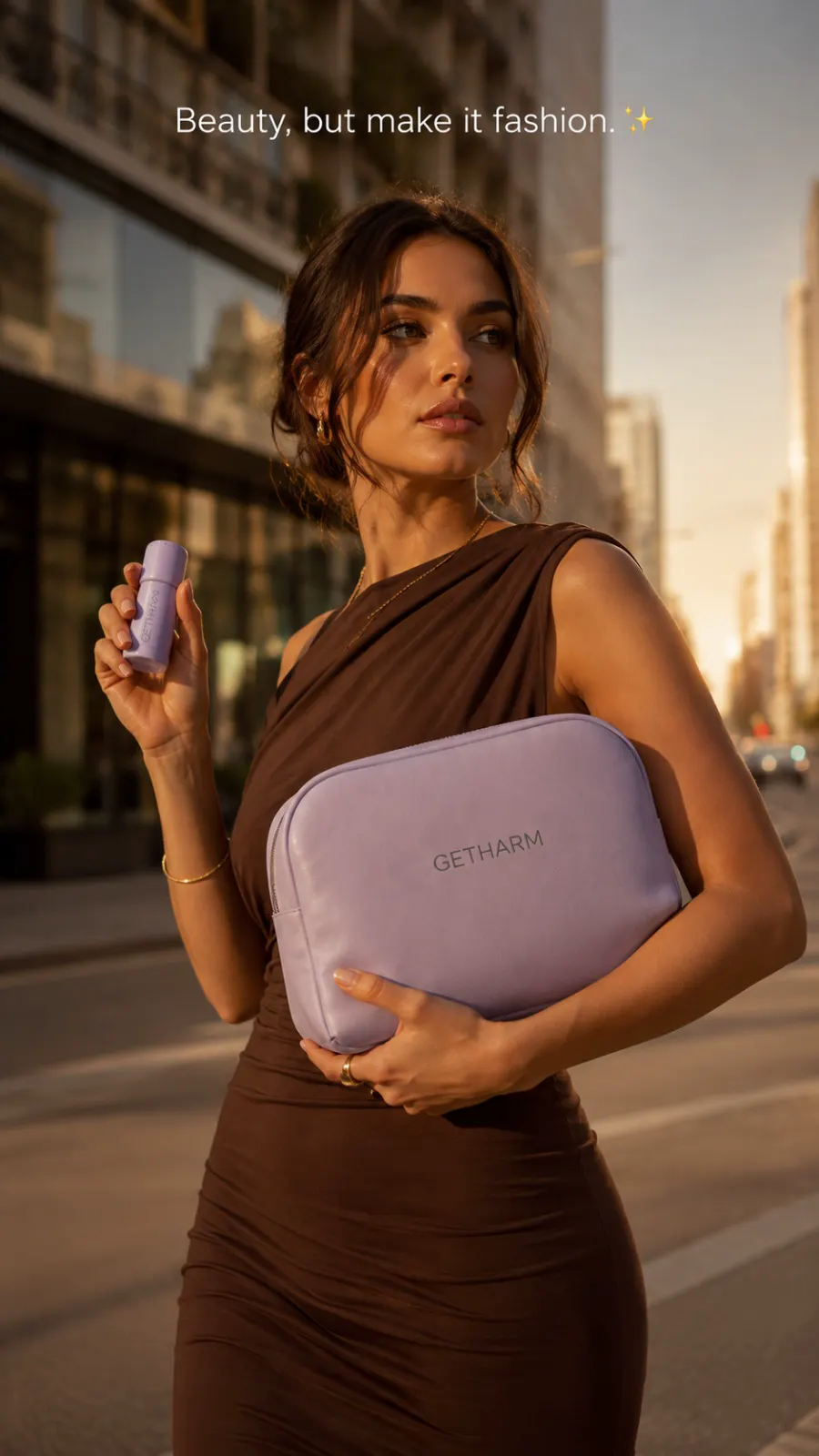 Model in a brown dress on a city street at golden hour, holding MatteLip and a lavender pouch