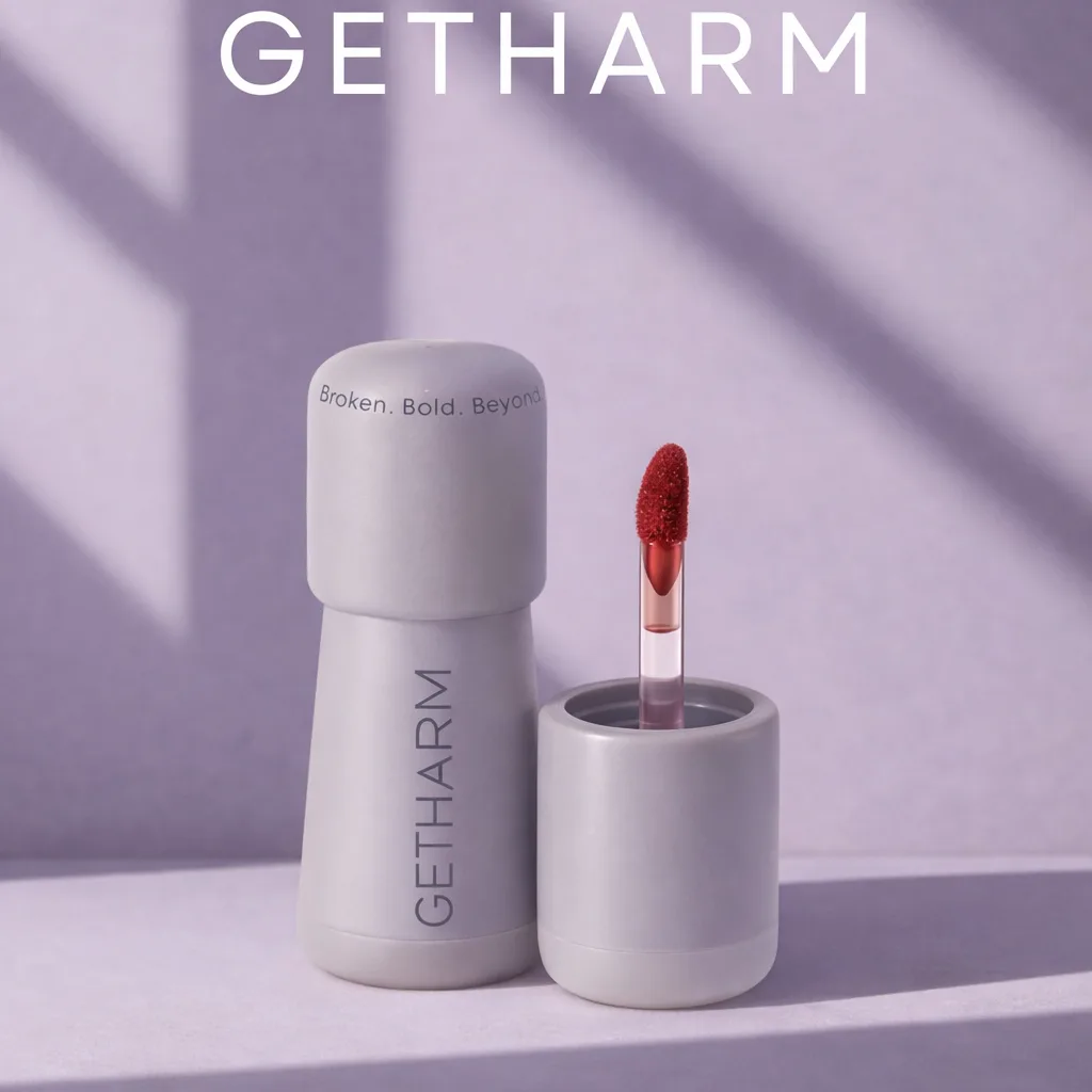 GETHARM MatteLip in lavender packaging beside its open cap and applicator, on a soft lavender set