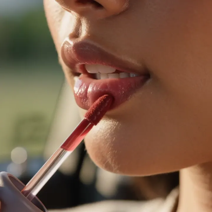 Still from the MatteLip film: lips being coloured with the applicator