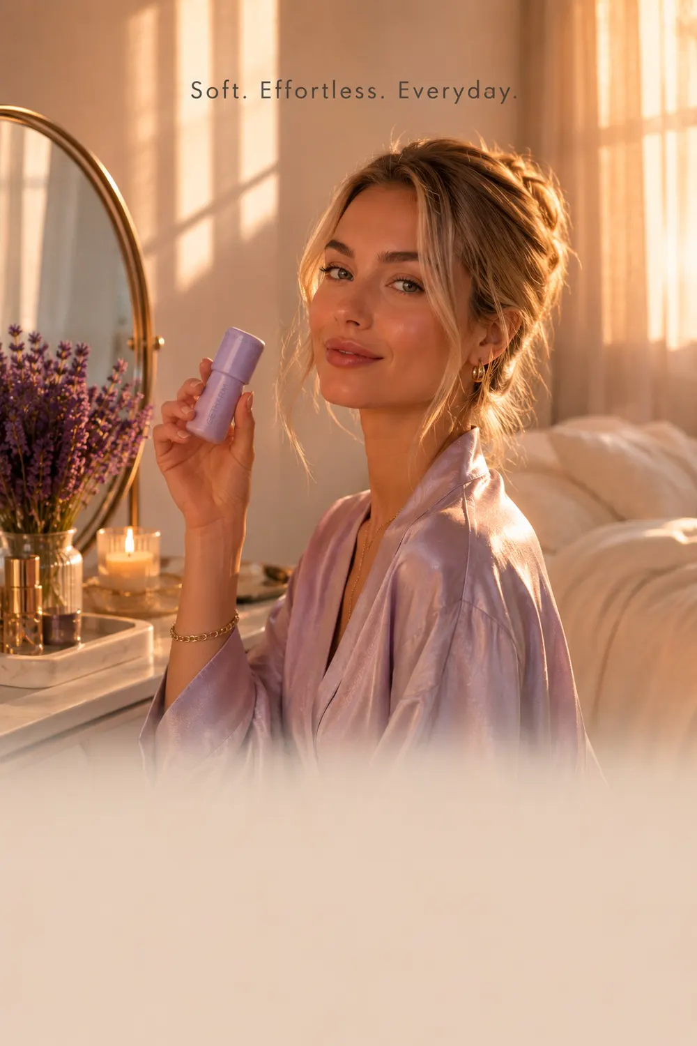 Woman in a lavender robe holding MatteLip at a bright vanity